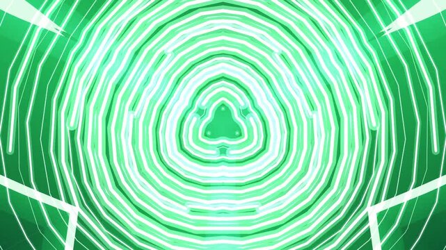 Abstract green kaleidoscope tunnel of glowing lines moving outwards and inwards