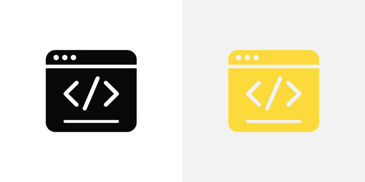 A yellow browser window with coding symbols for web development