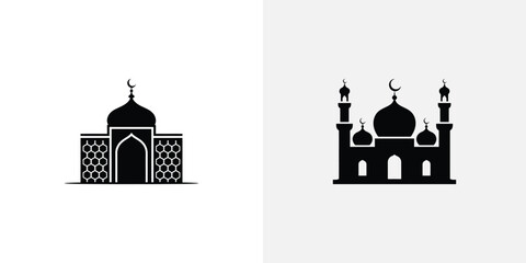 Black silhouette of a large mosque with multiple domes and minarets on a white background © Engineer Jahid