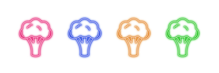 Neon glowing broccoli vector icons set, healthy, food, vegetable, diet, organic, nutrition, fresh, glowing colorful outline illustration.