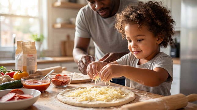 National Pizza Day multiracial toddler making homemade pizza with cheese toppings showing concentration perfect for cooking tutorials and family activity content