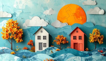 Colorful paper houses on a textured landscape