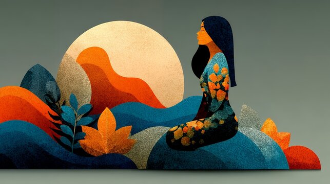 Flat illustration for World Human Spirit Day focusing on balance of mind and soul, abstract human figure in harmony, memphis shapes, boho color harmony