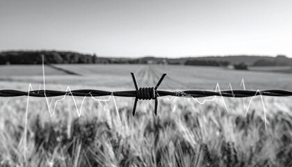 Barbed wire fence with heartbeat line over landscape