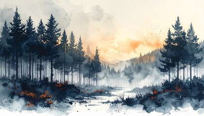 Watercolor landscape with trees and misty background