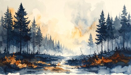 Watercolor landscape with trees and misty background