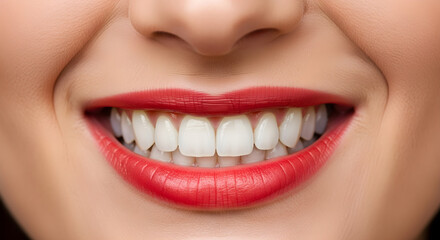 Naklejka premium Smiling woman with vibrant red lipstick and healthy white teeth