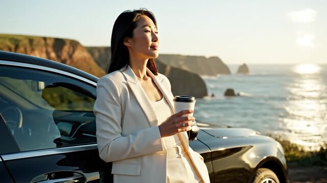 Woman in blazer drinks coffee by car overlooking ocean sunset