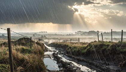 Barbed wire fence in a misty landscape at sunset