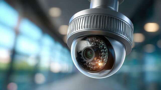 Close-up of a modern security camera in a sleek office environment