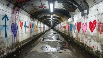 Graffiti art in a dimly lit tunnel