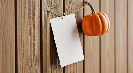 Pumpkin Hanging with Empty Price Tag on Rustic Wooden Wall