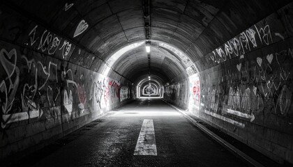Graffiti art in a dimly lit tunnel