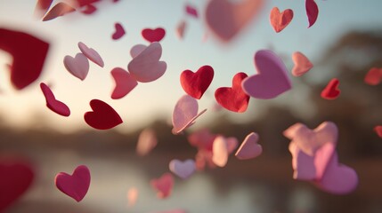 Floating Red and Pink Hearts in Romantic Scene