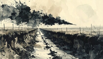 Abstract landscape with dark clouds and dirt path