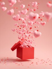 Red Gift Box with Floating Pink Hearts