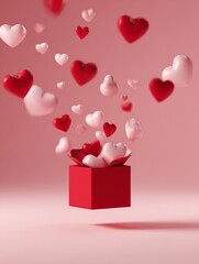 Red Box with Floating Hearts on Pink Background