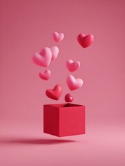 Red Box with Floating Pink Hearts on Pink Background