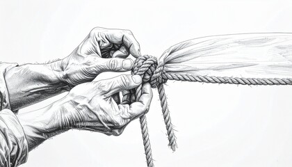 Hands tying a knot on a metal pole