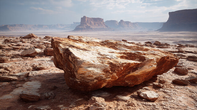 A captivating vista of a rugged terrain and massive rock formations. The landscape evokes a sense of vastness and desolation under a cloudy sky