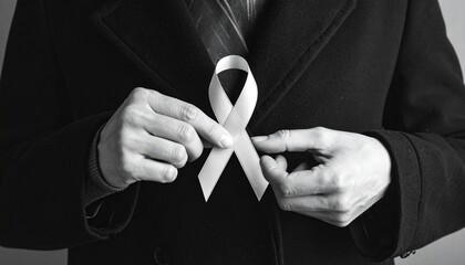 Person holding a white ribbon on a coat