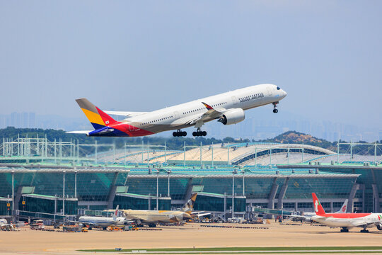 Incheon, South Korea - 2025 July 05: An Asiana Airlines Airbus A350 aircraft taking off from the runway at Incheon International Airport (ICN).