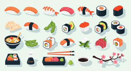 Assortment of Delicious Japanese Sushi and Rolls.