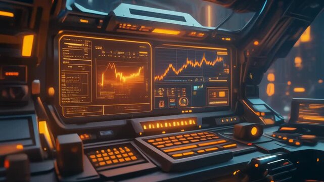 Futuristic control panel with glowing screens and complex interfaces