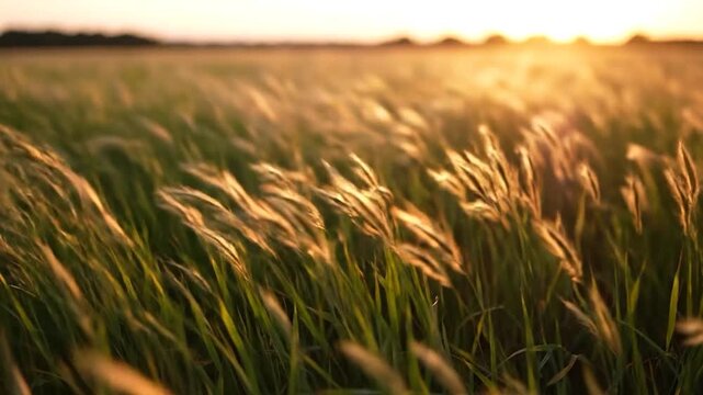 Tall, wispy grasses sway in golden sunset light, creating a tranquil field