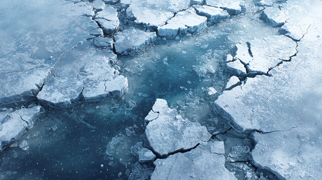 Cracked Ice Surface Displaying Texture and Abstract Patterns. The image captures the intricate network of cracks and fissures