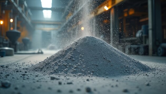Grey powder cascades onto pile of cement clinker in industrial factory. Dusty fine particles fall on heap during manufacturing process. Heavy industry production inside large building.
