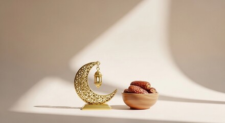 Naklejka premium Elegant Ramadan Still Life with Crescent Moon Ornament and Dates