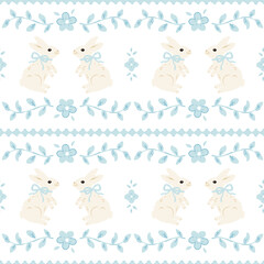Vintage style vector seamless pattern, floral pattern with cute bunnies.