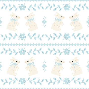 Vintage style vector seamless pattern, floral pattern with cute bunnies.