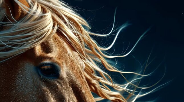 Majestic horse mane blowing in wind close up.
