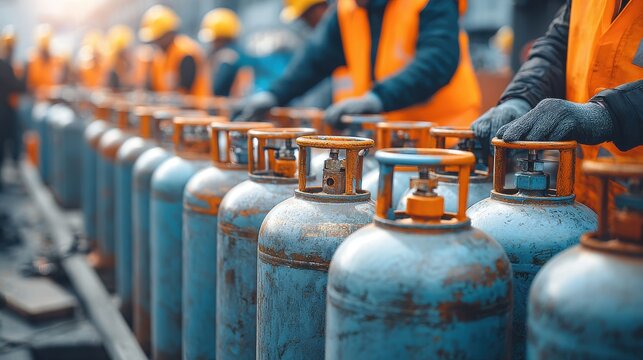 Oil Gas industry gas cylinder filling station with workers on blurred background