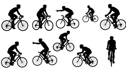 Obraz premium Cycling silhouettes vector set. Includes nine cyclist poses. Created in black silhouette style.