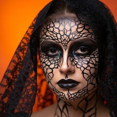 Young woman displays intricate black spiderweb body paint and dark makeup beneath a sheer veil