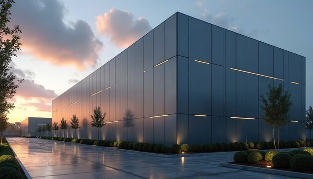 Modern data center building exterior at dusk with clean lines and subtle lights. Sleek facade reflects soft sky colors. Minimalist landscape with manicured bushes and trees.