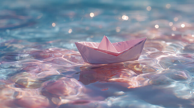A lone paper boat floats gracefully on the water's surface, reflecting a myriad of colors. The boat, crafted from delicate paper, embarks on a silent journey, amidst the water.