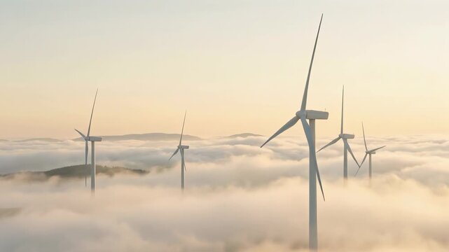 Wind turbines rising above clouds at sunrise with soft light and peaceful landscape for renewable energy