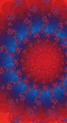 Intricate mathematical structure displays vibrant contrasting red and blue colors in a spiraling pattern.