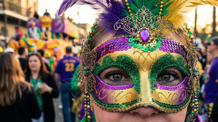 Woman wearing a decorative carnival mask with sequins and feathers at a celebration. Mardi Gras festival concept for party and event.
