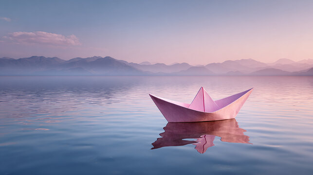 A solitary paper boat floating serenely on a calm lake, with distant mountains in the background