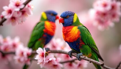 Obraz premium Two colorful rainbow lorikeets sit on blooming cherry tree branch. Birds have vibrant green, blue, yellow, red feathers. Soft pink blossoms create beautiful spring backdrop for this wildlife scene.
