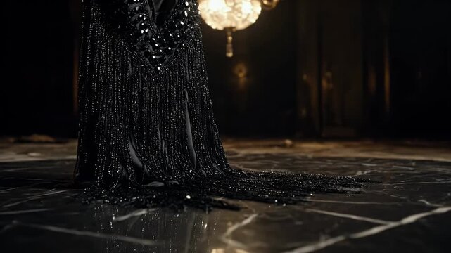 Luxurious black sequin gown train on dark marble floor