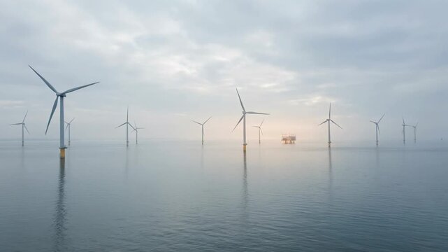Offshore wind turbines generating clean energy over calm sea under cloudy sky sunrise