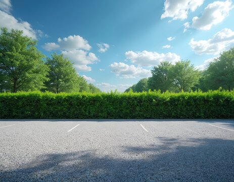 Empty asphalt parking area beside a manicured green hedge. Tall trees stand against a bright blue sky with fluffy white clouds. Sunny daytime scene.
