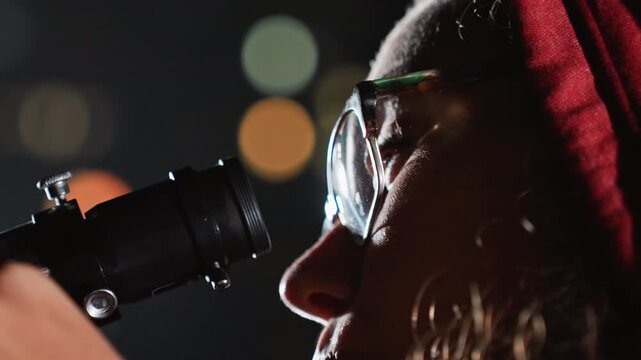 white scientist peers through eyepiece with glasses reflection against city bokeh, closeup profile shows beard and steady hands aligning optics, precise calibration and astrophotography vibe