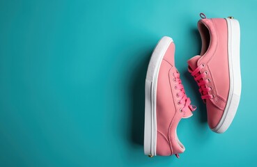 Pink fashion sneakers with white soles rest on bright blue background. Casual shoes offer comfort for daily wear and sports activity. Style for teens and women.